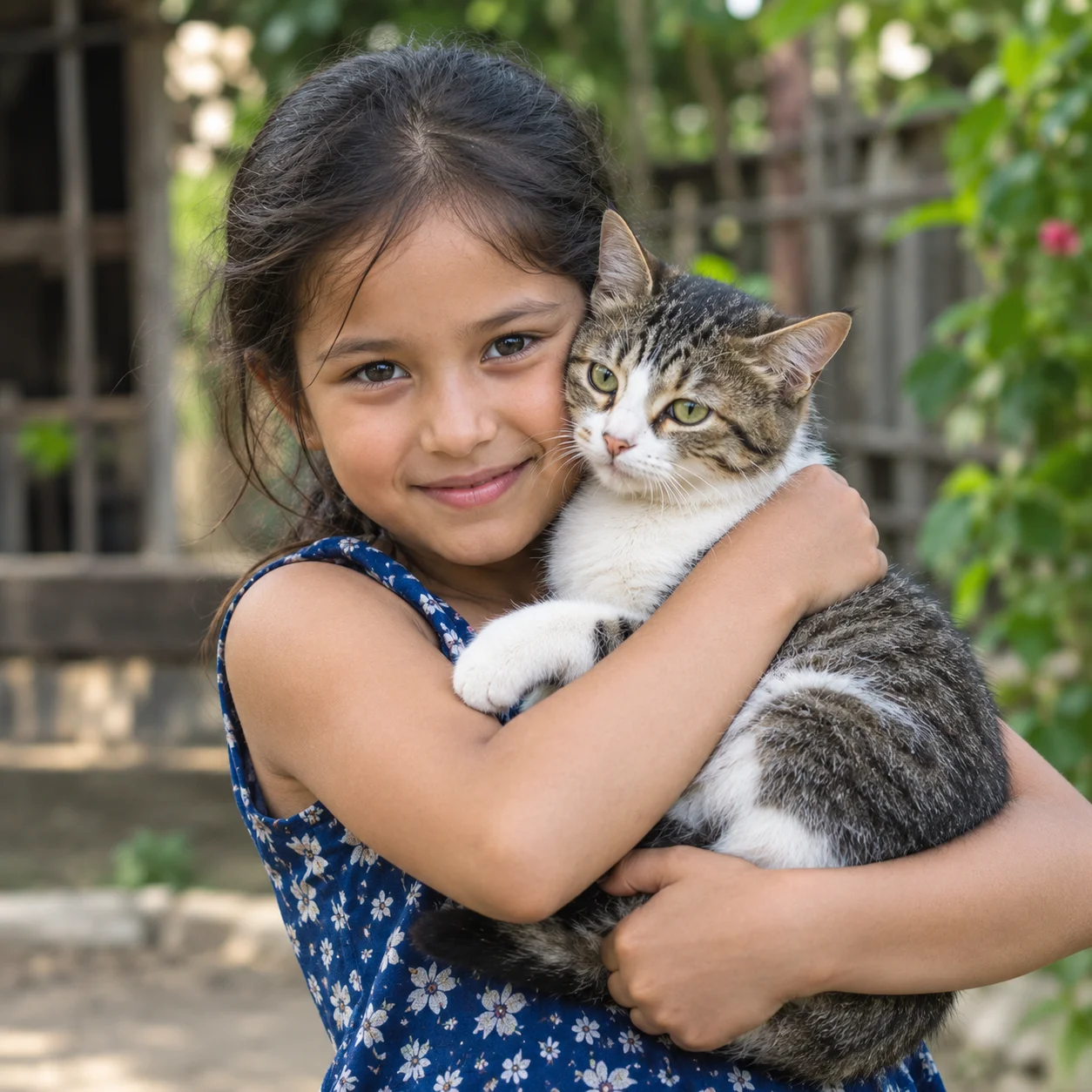 Original photo of a girl hugging a cat, with background